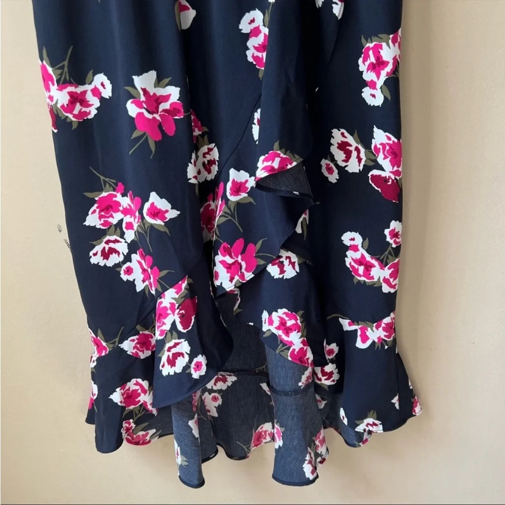 NEW J. Crew Faux Wrap V Neck High Low Floral MIDI Dress L2340 Short‎ Sleeve Navy